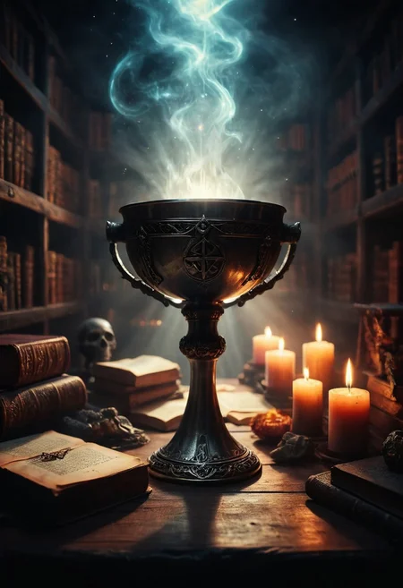 A close-up of a mystical artifact, a silver chalice engraved with ancient runes and demonic figures, clutched by the hands of Brother Caius. The background is a blurred library of arcane books, with a single dim lamp casting a halo of light around the artifact, emphasizing its intricate craftsmanship and ominous aura., 
in the style of a vintage, high-contrast setting, capture the essence of a campy and sensual satanic ritual. Emphasize theatrical elements with bursts of bright colors against dark, moody backgrounds
4K resolution, photorealistic rendering, using cinema 4D 
Wide range of colors., Dramatic,Dynamic,Cinematic,Sharp details
Insane quality. Insane resolution. Insane details. Masterpiece,
dvr-lnds-sdxl, ral-apoctvisn, dark, chiaroscuro, low-key, zavy-rmlght