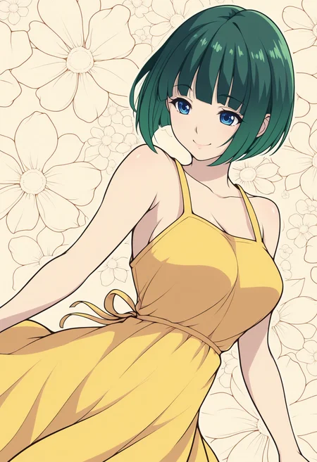 masterpiece, best quality, 1girl, solo, 0n0Shiragiku, blue eyes, green hair, short hair, bob cut, lineart, smile, yellow sundress, floral background, print background, dutch angle, dynamic pose, <lora:ChamOnoShiragikuNoob:1>