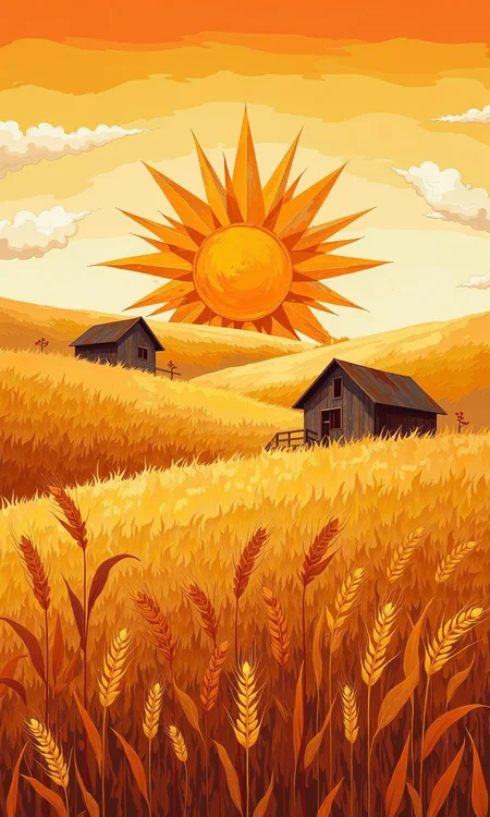 Full shot of a stylized illustration of a rural landscape.
The foreground is dominated by golden wheat stalks, rendered in varying shades of warm orange and yellow, creating a rich and vibrant texture. The stalks appear detailed, with individual wheat ears clearly depicted. The colors darken towards the background, creating a sense of depth.
The mid-ground showcases rolling hills of an ochre-yellow color, simulating a golden wheat field landscape. Two rustic-looking houses with dark roofs sit on the hills.
The background features a large, stylized sun that radiates outwards with bright orange and yellow rays. The sun is positioned above the hills. Soft, pale clouds are painted in the sky. The top and bottom borders of the landscape are painted with bands of varying shades of orange and yellow.
The overall impression is one of a warm, sunny countryside scene, focusing on the golden hues of the harvest season. The style suggests a stylized illustration, not a photograph.
<lora:FLUX-daubrez-DB4RZ-v2:1> DB4RZ, DB4RZ style painting