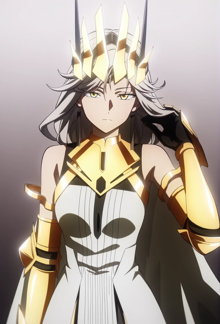 official style,(anime coloring:1.6),(anime screencap) masterpiece,masterpiece,best quality,very aesthetic,
absurdres,highres,
mature female,slim figure,medium breasts,<lora:detailed hand focus style illustriousXL v1:0.5>,detailed,
(light grey background:0.9),solid background,gradient background,backlighting,cinematic_angle,1girl,solo,
expressionless,looking at viewer,contempt,confident,elegant,standing,portrait,
<lora:To Be Hero X-QueenV1-Nuclear1811-IL>,Queen-Liu,yellow eyes,grey hair,long hair,very long hair,braid,long braid,single braid,braided ponytail,ch3,ch3 horns,ch3 silver horns,ch3 fake horns,ch3 jewelry,ch3 earrings,ch3 black earrings,ch3 armor,ch3 golden armor,ch3 cape,ch3 white cape,ch3 bare shoulders,ch3 dress,ch3 white dress,ch3 boots,ch3 gauntlets,ch3 boots,ch3 white footwear,ch3 high heels,ch3 high heel boots,ch3 crown,ch3 golden crown,ch3 headgear,ch3 headpiece,
