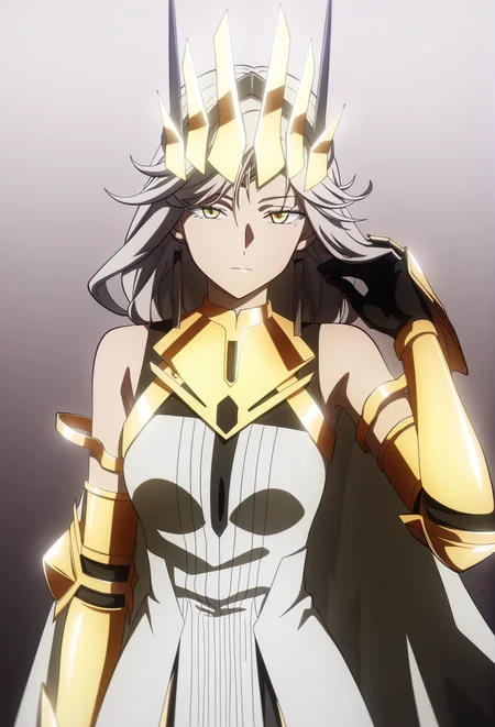official style,(anime coloring:1.6),(anime screencap) masterpiece,masterpiece,best quality,very aesthetic,
absurdres,highres,
mature female,slim figure,medium breasts,<lora:detailed hand focus style illustriousXL v1:0.5>,detailed,
(light grey background:0.9),solid background,gradient background,backlighting,cinematic_angle,1girl,solo,
expressionless,looking at viewer,contempt,confident,elegant,standing,portrait,
<lora:To Be Hero X-QueenV1-Nuclear1811-IL>,Queen-Liu,yellow eyes,grey hair,long hair,very long hair,braid,long braid,single braid,braided ponytail,ch3,ch3 horns,ch3 silver horns,ch3 fake horns,ch3 jewelry,ch3 earrings,ch3 black earrings,ch3 armor,ch3 golden armor,ch3 cape,ch3 white cape,ch3 bare shoulders,ch3 dress,ch3 white dress,ch3 boots,ch3 gauntlets,ch3 boots,ch3 white footwear,ch3 high heels,ch3 high heel boots,ch3 crown,ch3 golden crown,ch3 headgear,ch3 headpiece,