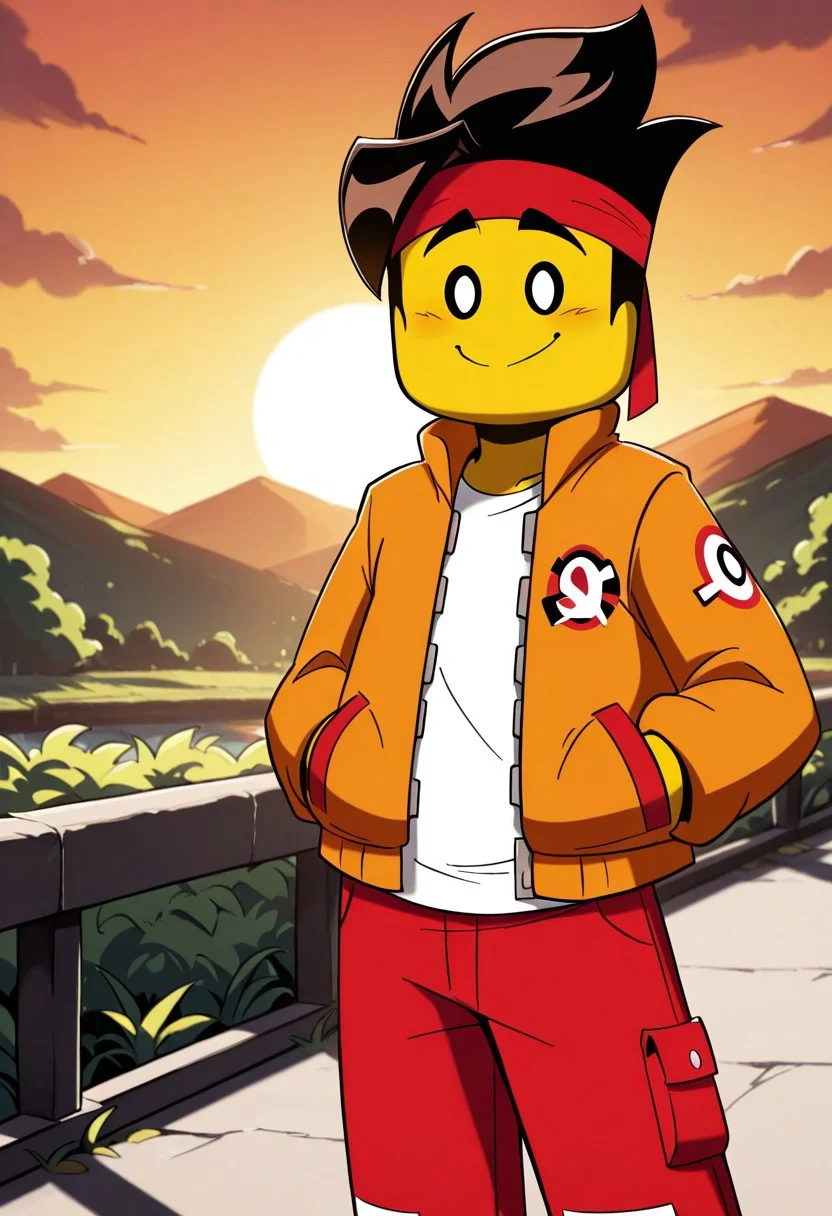 score_9, score_8_up, score_7_up, MKAY, 1boy, solo, brown hair, yellow skin, Orange jacket, red pockets, white shirt, red trousers, red headband, smile, looking at viewer, outdoors, sun