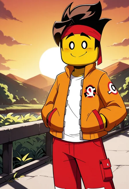 score_9, score_8_up, score_7_up, MKAY, 1boy, solo, brown hair, yellow skin, Orange jacket, red pockets, white shirt, red trousers, red headband, smile, looking at viewer, outdoors, sun
