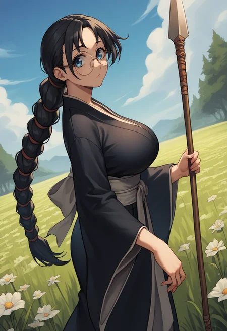 score_9, score_8_up, score_7_up, BREAK 1girl, looking at viewer, cowboy shot, from side, dutch angle,
<lora:BatsuunsaiKatoriDwnsty:1>, batsuunsai, black hair, low ponytail, braided ponytail, long hair, blue eyes, black kimono, white haori, white sash, wide sleeves, round eyewear, holding weapon, holding polearm, spear,
large breasts, skindentation,
outdoors, grass, flower field, medieval, wind, blue sky, tree,