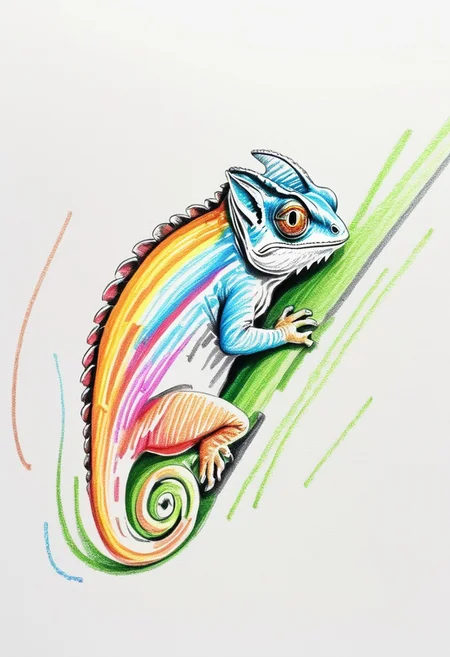 A colorful pencil sketch using 4B bold lines, A cute chameleon changing its colors, UHD, award winning
