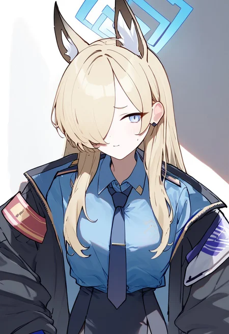 kosubi, score_9, score_8_up, digital media, illustration, hires, solo,1girl, silk clothing, reflective clothing, shiny clothing, kanna (blue archive), animal ears, blonde hair, animal ear fluff, halo, hair over one eye, long hair, blue eyes, extra ears, dog ears, black gloves, black jacket, long sleeves, blue shirt, collared shirt, open jacket, blue necktie, armband, black pantyhose, blue skirt, tie clip
