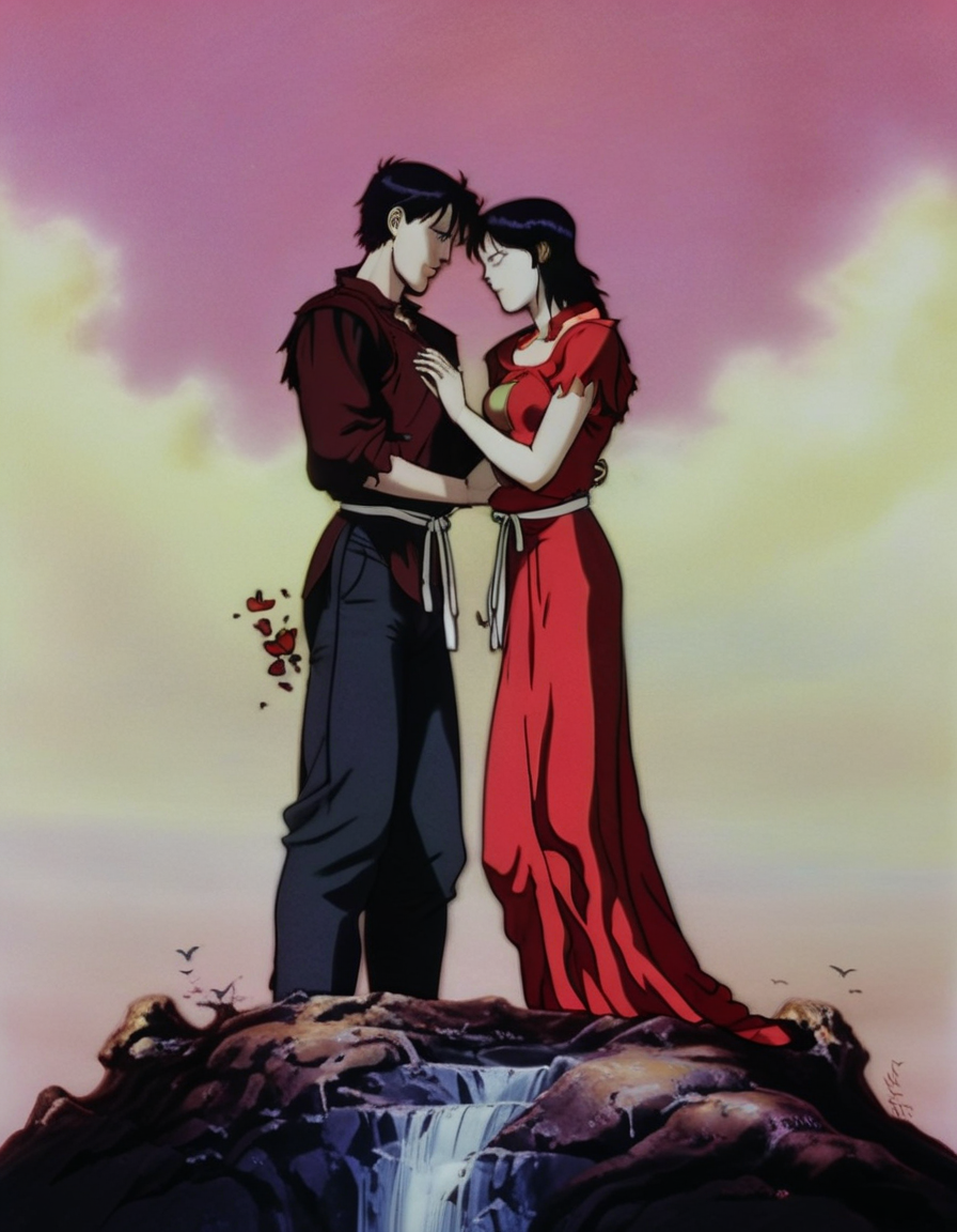 The Lovers: Two individuals stand together, symbolizing love, choices, and the union of dualities. <lora:NEOTOKIOXL_0.2_RC:0.9>