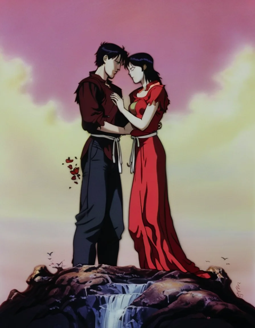 The Lovers: Two individuals stand together, symbolizing love, choices, and the union of dualities. <lora:NEOTOKIOXL_0.2_RC:0.9>