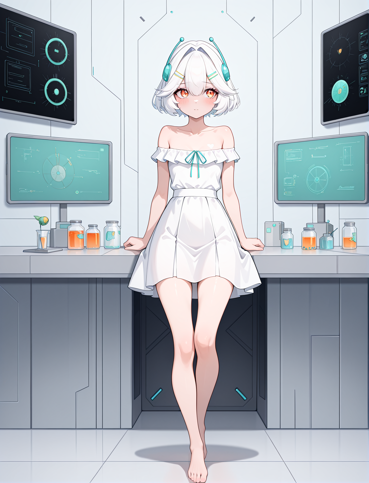 full body, science fiction, lab,
<lora:EllieMinibotV1:1> ellieminibot, white hair, bangs, hair between eyes, short hair, hairclip, hair hair intakes, orange eyes, hair ornament, collarbone, bare shoulders, teal ribbon, off shoulder dress, white dress, barefoot,, masterpiece, best quality, amazing quality, very aesthetic, absurdres, newest