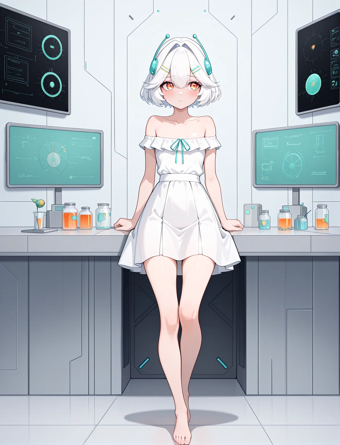 full body, science fiction, lab,
<lora:EllieMinibotV1:1> ellieminibot, white hair, bangs, hair between eyes, short hair, hairclip, hair hair intakes, orange eyes, hair ornament, collarbone, bare shoulders, teal ribbon, off shoulder dress, white dress, barefoot,, masterpiece, best quality, amazing quality, very aesthetic, absurdres, newest