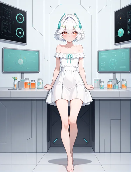 full body, science fiction, lab,
<lora:EllieMinibotV1:1> ellieminibot, white hair, bangs, hair between eyes, short hair, hairclip, hair hair intakes, orange eyes, hair ornament, collarbone, bare shoulders, teal ribbon, off shoulder dress, white dress, barefoot,, masterpiece, best quality, amazing quality, very aesthetic, absurdres, newest
