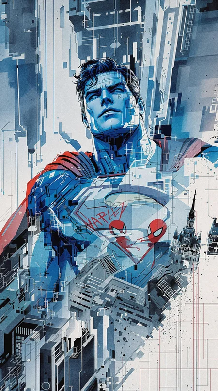 Superman, urban comics, blue patterns, DC, sci-fi, high tech, iconographic, glitchy backgrounds, watercolor, ink, fog, interactive, high detail, art style by Clayton Crane + Ross Tran + Rachel Walpole + Jessica LeVay + Dan Walbert + Simon Stålenhag + Brian Stelfreeze