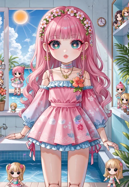 (fullbody, front facing, facing viewer) ((Licca-chan : 1.2)), moe, kawaii, cute, doll, doll joints, big sparkling eyes, detailed lips, makeup, fashion, ((doll clothes)), pink dollhouse interior, indoors, ice cream, ((tropical doll photography, freezer, wall shelves, pool, clouds, sun))