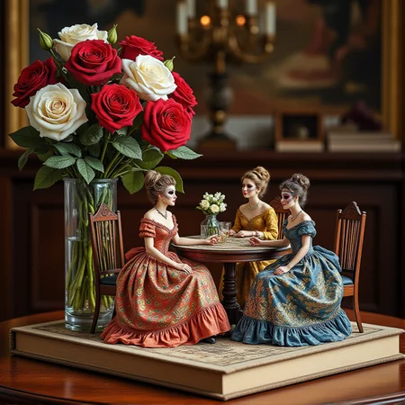 Miniature diorama of a masquerade ball next to a bouquet of roses, detailed digital illustration of a masquerade ball held in a palace, 19th century, colorful dresses, masks, well-dressed women, glamorous, lascivious and somewhat decadent atmosphere, <lora:Flux.1_Turbo_Detailer:0.7>, <lora:Diorama_Flux:0.8>