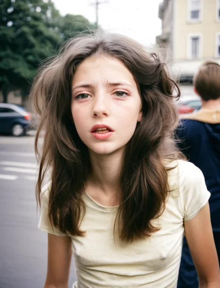 ((candid)) vintage snapshot of brunette 22yo woman, candid amateur photo, small breasts, big hair, surprised look <lora:Braless_XL:1>
