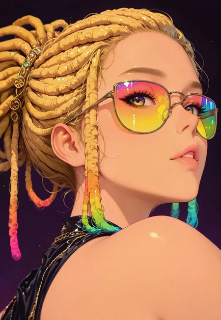 masterpiece, best quality, good quality, very aesthetic, absurdres, newest, 8K, depth of field, focused subject,
 close up,  stylized, wabi sabi, 1girl,  looking at viewer, dynamic angle, from below, from side, (relaxing:1.3), blonde dreadlocks,
parted lips, updo,  in gold and neon shades, rainbow,
