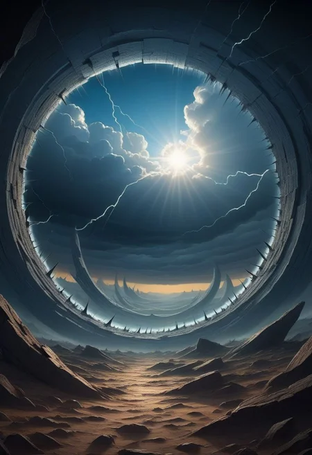 strange weather phenomenon, weird, sky, fractures, dimensional portals, detailed, magical, beautiful, depth of field, deep shadows, intricate,