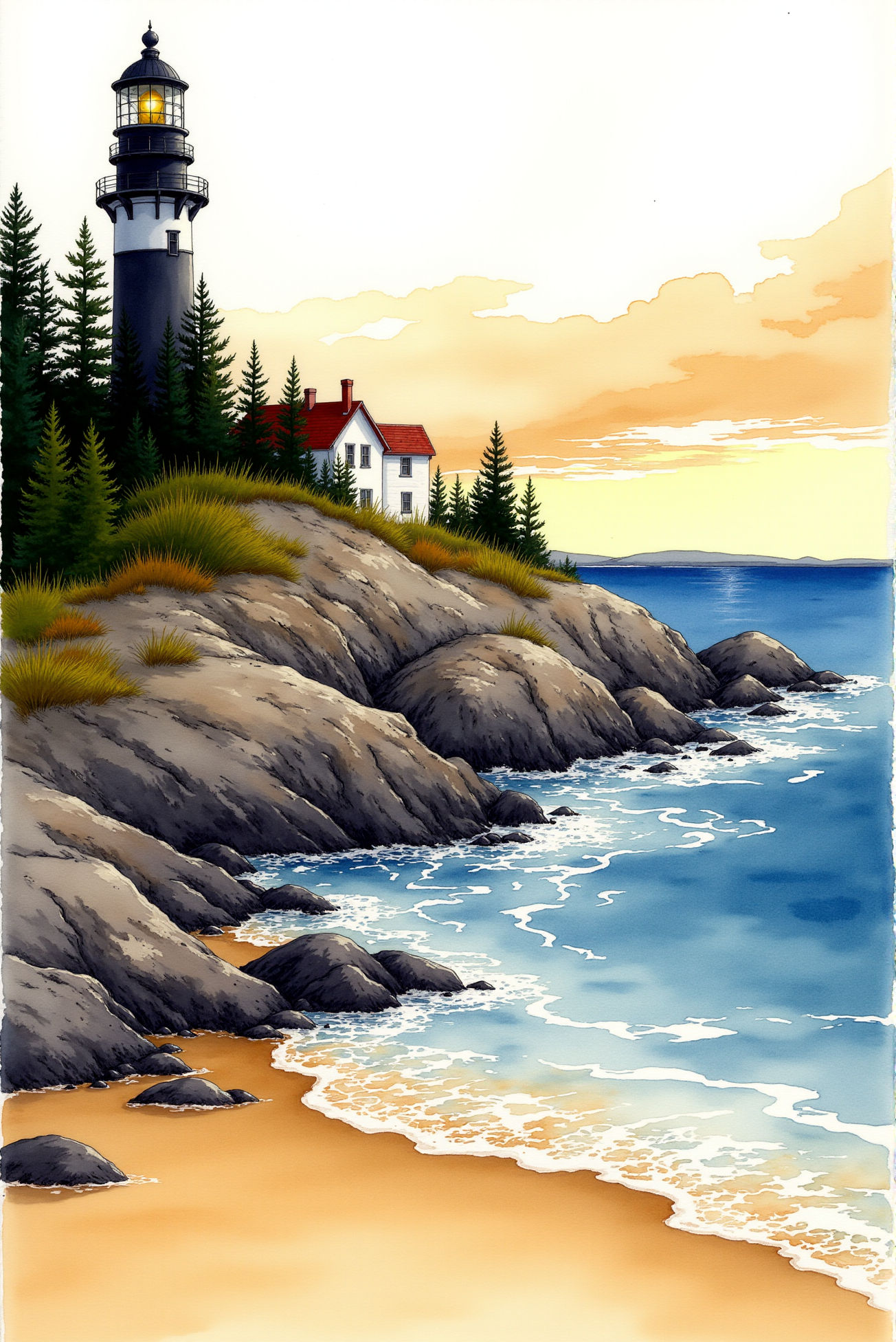 <lora:Vibrant_watercolor_v.21:0.8> A watercolor illustration depicting a serene coastal scene at sunset. The painting features a tall, dark lighthouse standing on a rocky outcropping on the left side of the image. The lighthouse has a white tower with a black lantern room and a black lantern, perched on a rocky cliff overlooking the ocean. The structure is surrounded by dense, dark green pine trees, indicating a rugged, coastal landscape. In the foreground, the rocky terrain stretches from the left side towards the center, featuring a variety of textures, from smooth to jagged, with some rocks partially submerged in the shallow water. The sandy beach below the rocky outcrop is golden and wet, with gentle waves lapping at its edge. The ocean, occupying the middle to right of the image, displays varying shades of blue and white, indicating the turbulent sea. The waves are depicted with dynamic, flowing brushstrokes, suggesting movement and energy.