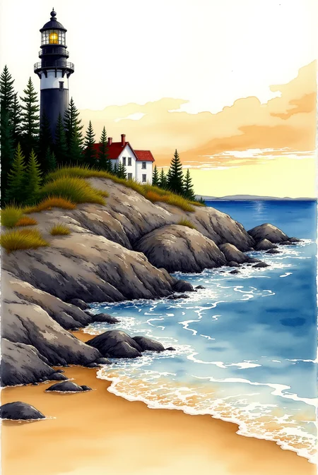 <lora:Vibrant_watercolor_v.21:0.8> A watercolor illustration depicting a serene coastal scene at sunset. The painting features a tall, dark lighthouse standing on a rocky outcropping on the left side of the image. The lighthouse has a white tower with a black lantern room and a black lantern, perched on a rocky cliff overlooking the ocean. The structure is surrounded by dense, dark green pine trees, indicating a rugged, coastal landscape. In the foreground, the rocky terrain stretches from the left side towards the center, featuring a variety of textures, from smooth to jagged, with some rocks partially submerged in the shallow water. The sandy beach below the rocky outcrop is golden and wet, with gentle waves lapping at its edge. The ocean, occupying the middle to right of the image, displays varying shades of blue and white, indicating the turbulent sea. The waves are depicted with dynamic, flowing brushstrokes, suggesting movement and energy.