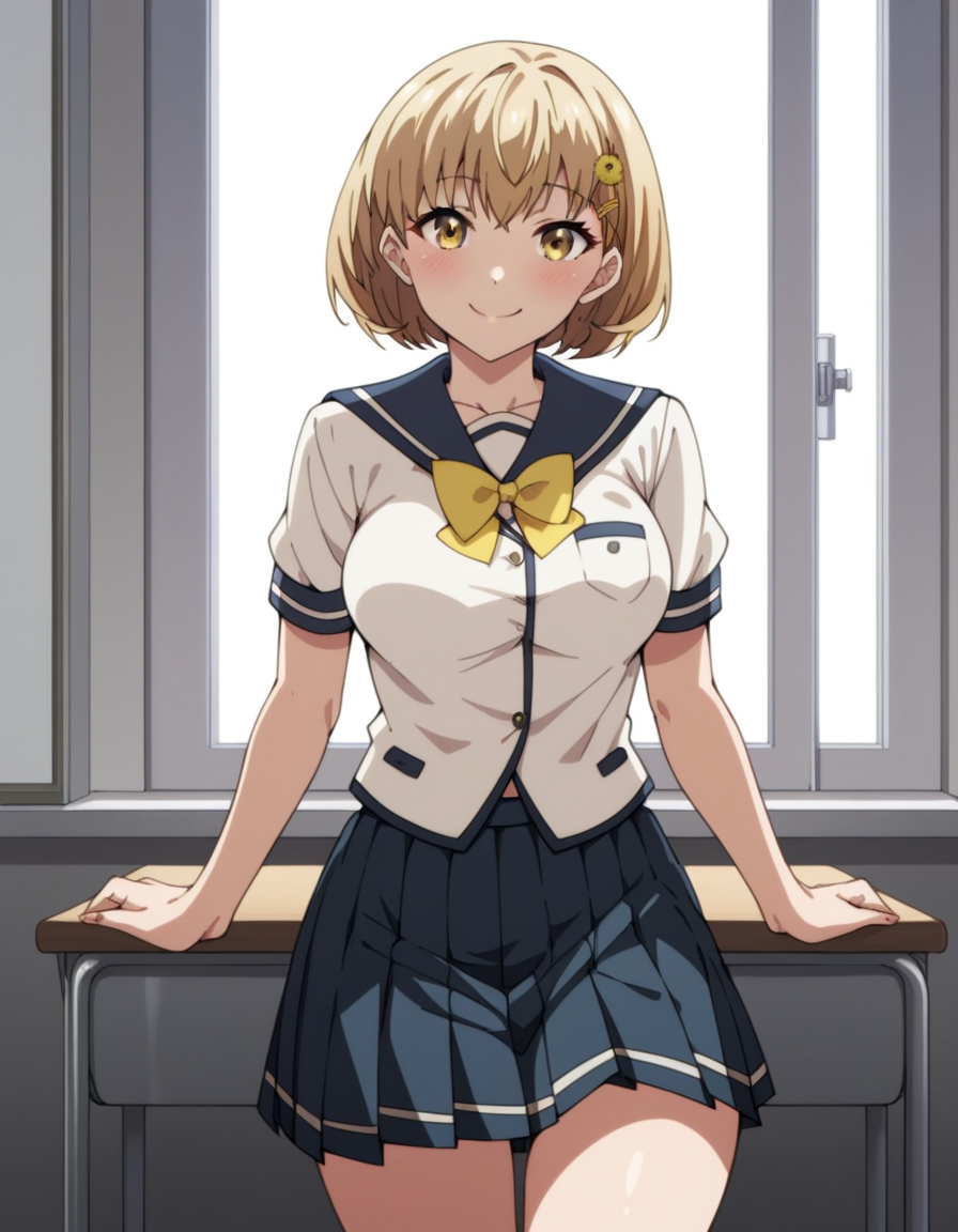 score_9, score_8_up, score_7_up, source_anime, uncensored, <lora:StS_detail_slider_v1:3>, zPDXLxxx, <lora:Kimie_Kamata_PONYXL_VexVexX:1>, KimieKamata, 1girl, yellow eyes, blonde hair, short hair, hair ornament, hairclip, hair flower, medium breasts, school uniform, serafuku, pleated skirt, yellow bow, cowboy shot, indoors, from front, Sit at a vanity mirror with makeup brushes or beauty products, thighs, looking at viewer, smile,
