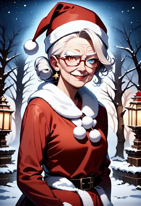 mclaus, white hair, old women, red christmas dress, heterochromia red and blue eyes, red cap, red hat, shadowed face, low light, smug, female focus, old lady, solo <lora:Anime Style 2 SDXL_LoRA_Pony Diffusion V6 XL:0.8>, score_9, score_8_up, score_7_up, score_6_up, score_5_up, score_4_up,