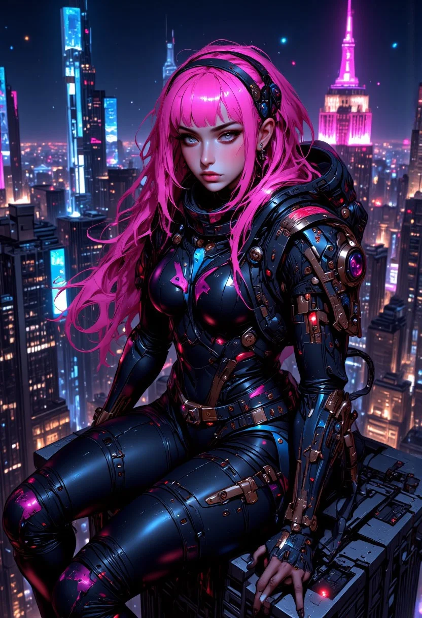 The image features a bright neon-haired, anime-inspired female woman dressed in futuristic, high-tech bright neon armor. Her armor is predominantly bright neon with metallic details, including shin guards, knee pads, and a chest plate, giving her a bold, commanding appearance. She is holding a large, rifle with intricate details and bright neon accents, suggesting a combat-ready posture. She sits on top of a building, with the New York city skyline visible in the background, showcasing iconic skyscrapers such as the Empire State Building.
The image has a dynamic composition, with the subject framed slightly to the side, her gaze directed towards the viewer. The vibrant bright neon hues contrast with the backdrop of the dark dystopian city at night, creating a striking visual effect. The character’s long, flowing bright neon hair further enhances the scene's fantastical and energetic feel.
The overall theme blends futuristic technology with playful, almost whimsical elements, suggesting a powerful yet light-hearted aesthetic. The setting on top of a skyscraper with a wide cityscape implies both a sense of power and detachment from the world below.