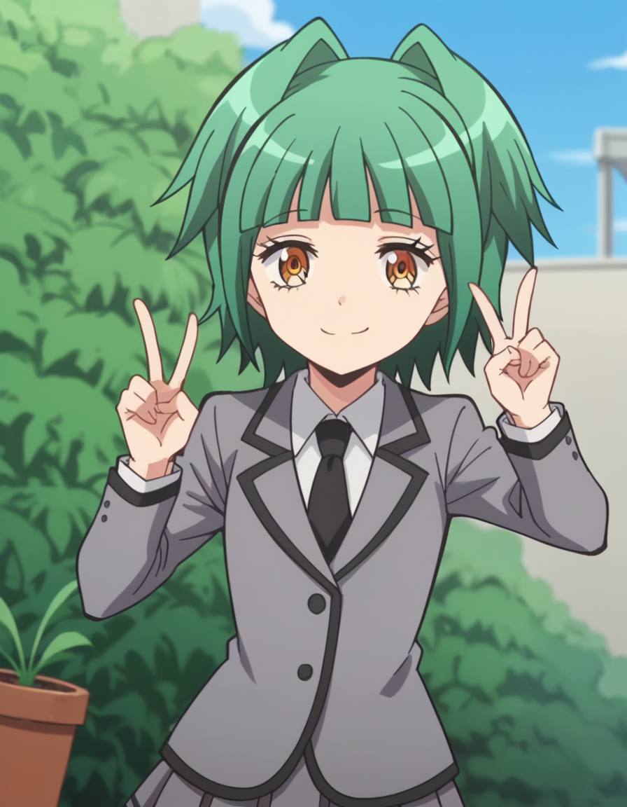 score_9, score_8_up, score_7_up, source_anime, <lora:kaede-kayano-s1s2-ponyxl-lora-nochekaiser:1>, kaede kayano, short hair, bangs, brown eyes, yellow eyes, green hair, hair intakes, anime screencap,, blazer, grey blazer, school uniform, pleated skirt, necktie, grey skirt, black necktie, white shirt, collared shirt, long sleeves,, conservatory, plants, glass roof, sunlight, greenery, smile, v, v over mouth, smug,, looking at viewer, solo,, dutch angle, cowboy shot