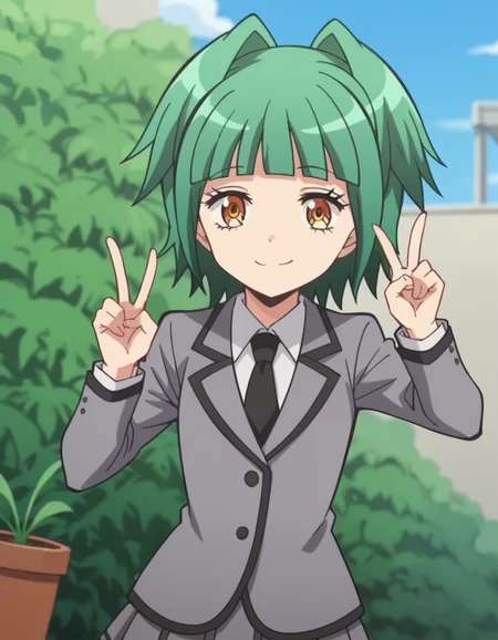 score_9, score_8_up, score_7_up, source_anime, <lora:kaede-kayano-s1s2-ponyxl-lora-nochekaiser:1>, kaede kayano, short hair, bangs, brown eyes, yellow eyes, green hair, hair intakes, anime screencap,, blazer, grey blazer, school uniform, pleated skirt, necktie, grey skirt, black necktie, white shirt, collared shirt, long sleeves,, conservatory, plants, glass roof, sunlight, greenery, smile, v, v over mouth, smug,, looking at viewer, solo,, dutch angle, cowboy shot