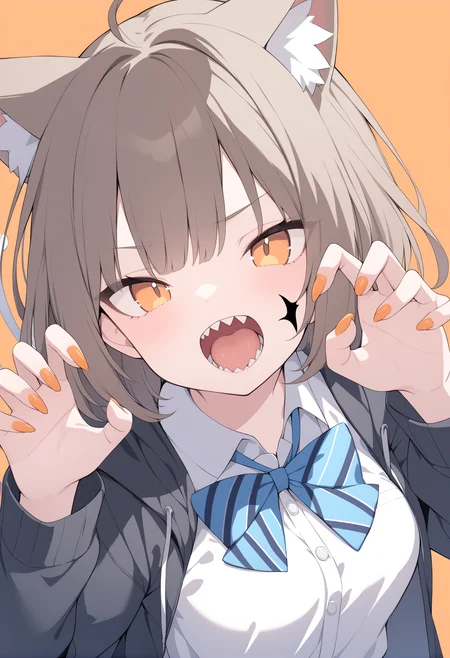 masterpiece, best quality,
1girl, solo, animal ears, bow, teeth, jacket, tail, open mouth, brown hair, orange background, bowtie, orange nails, simple background, cat ears, orange eyes, blue bow, animal ear fluff, cat tail, looking at viewer, upper body, shirt, school uniform, hood, striped bow, striped, white shirt, black jacket, blue bowtie, fingernails, long sleeves, cat girl, bangs, fangs, collared shirt, striped bowtie, short hair, tongue, hoodie, sharp teeth, facial mark, claw pose