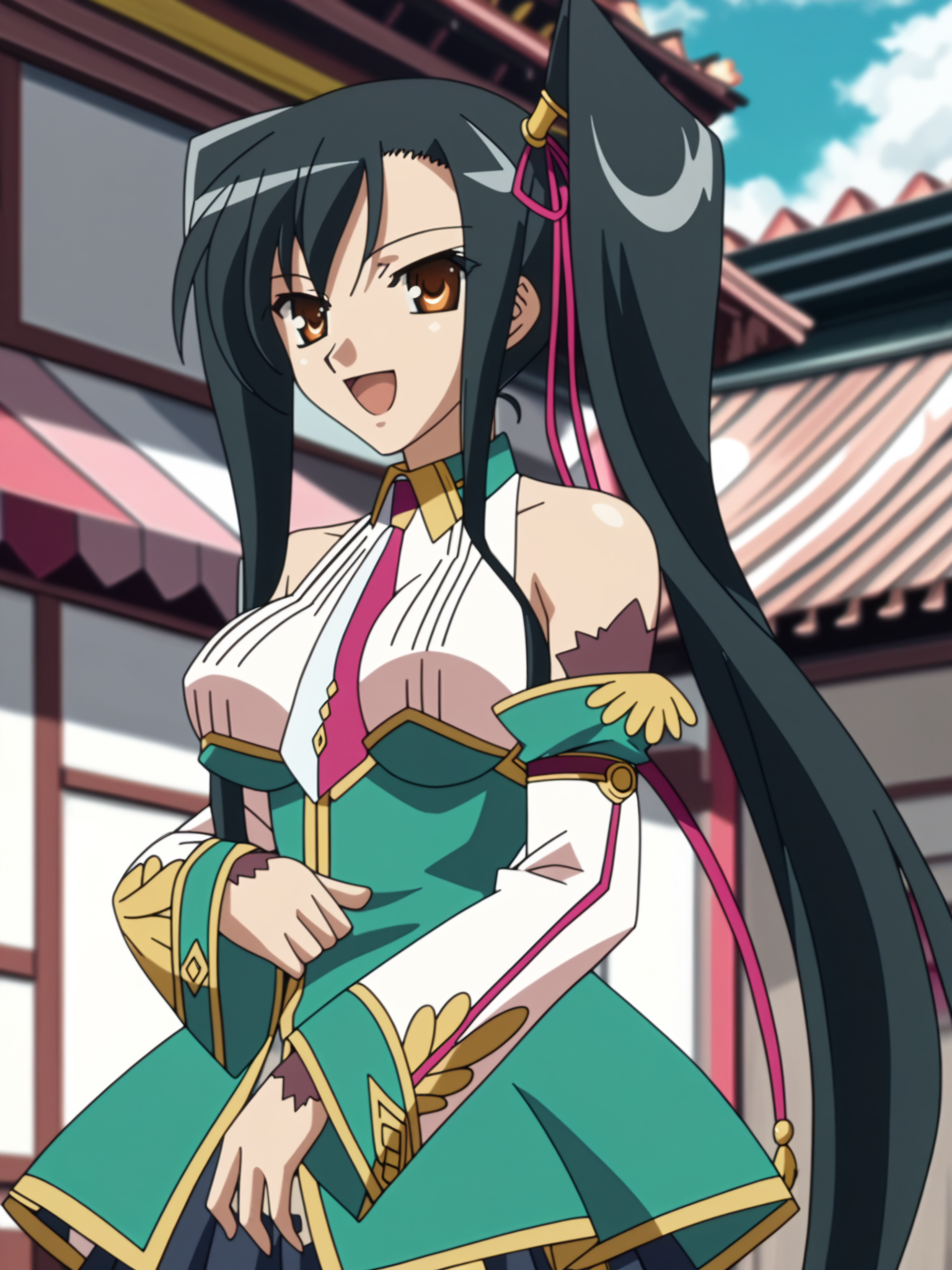 <lora:happy_tentacle-kanu-v0.1-000010:1>, ht_kanu, hair ribbon, one side up, gold trim, green dress, two-tone dress, white dress, bare shoulders, detached sleeves, necktie, black skirt, pleated skirt , indoors cowboy shot, 1girl, (petite:1.2), solo focus, smile, open mouth, (looking at viewer:1.1), , (depth of field:0.8), , score_9, score_8_up, score_7_up, score_6_up, score_5_up, score_4_up,