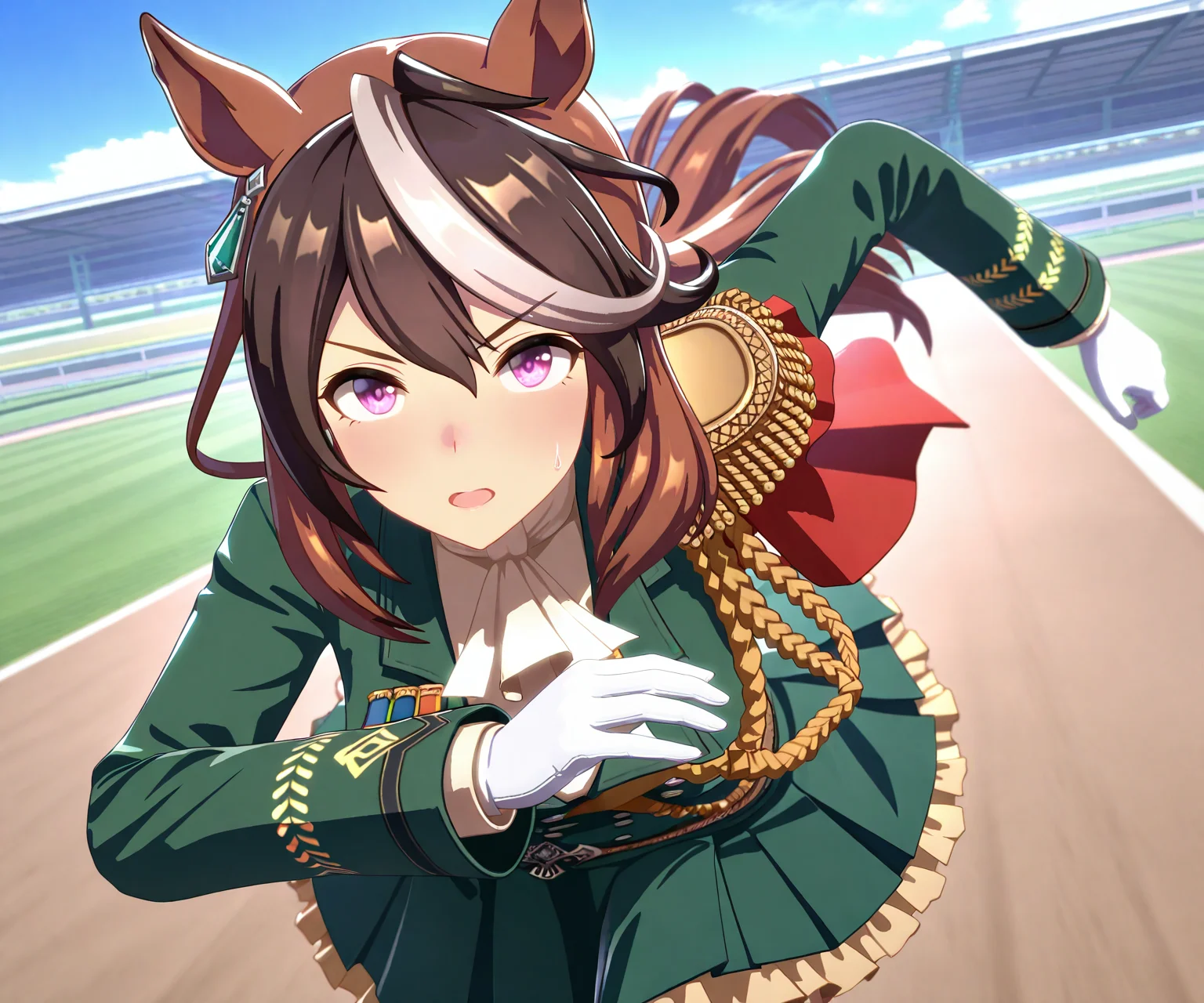 masterpiece, best quality, amazing quality, , 1girl, solo, umamusume, racetrack, running, <lora:Symboli Rudolf in game style 3D ILL-v2:1> ummsmingame, 3d, symboli rudolf \(umamusume\),