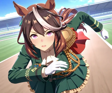 masterpiece, best quality, amazing quality, , 1girl, solo, umamusume, racetrack, running, <lora:Symboli Rudolf in game style 3D ILL-v2:1> ummsmingame, 3d, symboli rudolf \(umamusume\),