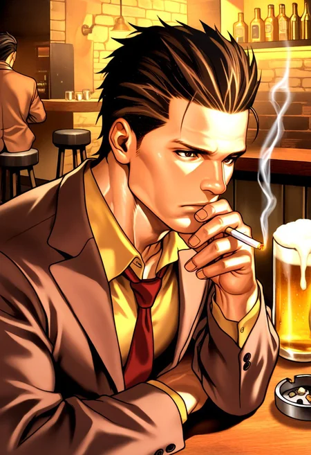 masterpiece, best quality, amazing quality, very aesthetic, absurdres, newest, jhunterilxl, 1boy, male focus, hair slicked back, brown hair, brown suit, red necktie, yellow shirt, black shoes, toned male, brown eyes, mature male, tall, sitting, bar, stool, dim lighting, beer mug, ashtray, holding cigarette, smoking, close up, portrait, (upper body:2)