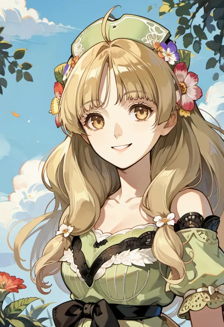 score_9, score_8_up, score_7_up, source_anime, ayesha altugle, long hair, golden eyes, light brown hair, 1girl, hair ornament, smile, hair flower, flower, solo, hat, ahoge, waist bow