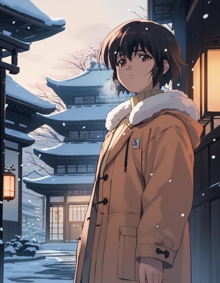 score_9, score_8_up, score_7_up, score_6_up, score_5_up, score_4_up
<lora:noir-2x-ponyxl-000016:1>
yuumura kirika, yellow turtleneck sweater, orange coat, fur trim, breath,
snowing, east asian architecture, outdoors, sunrise