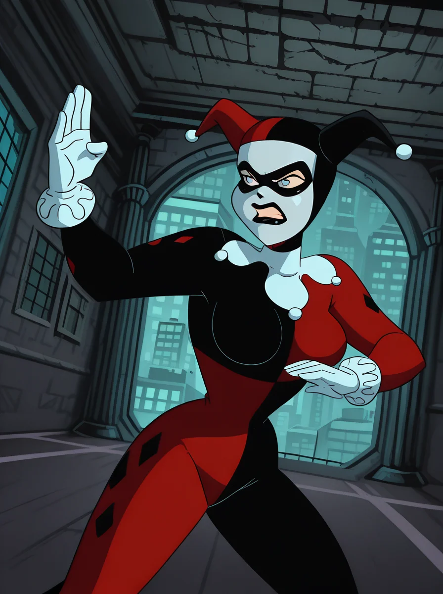 <lora:Harley_Quinn_-_Batman_Animated_Illustrious_v1:1.0>, h4rl3yqu1nn, jester bodysuit, dutch angle, angry, combat stance, fighting, 1girl, interior, gotham city, <lora:dcau234-illu3_r1:0.4>, <lora:RealisticAnimeIXL:0.5>, 1girl, white facepaint, jester cap, domino mask, blue eyes, black lipstick, large breasts, white gloves