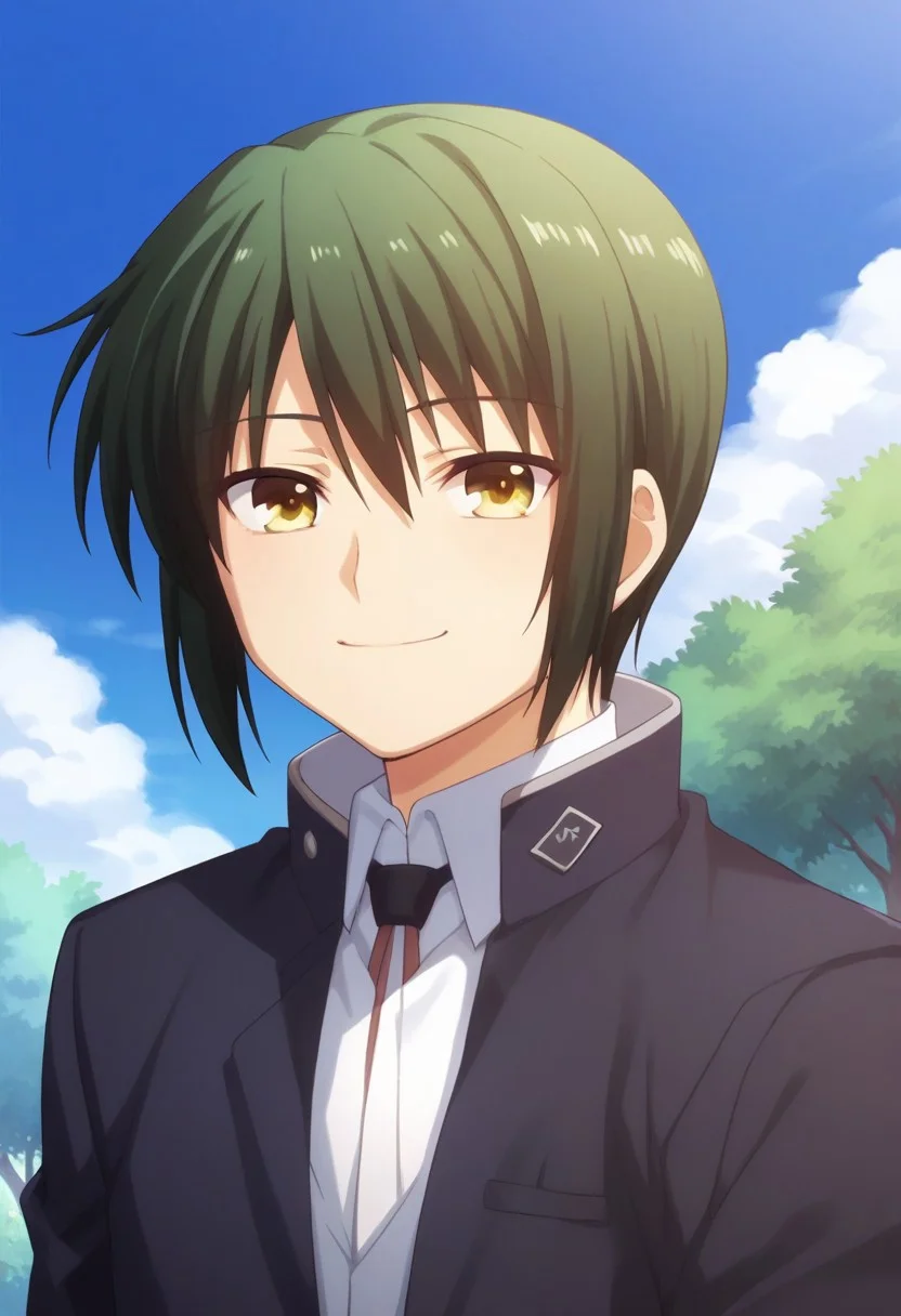 score_9, score_8_up, score_7_up, source_anime, highly detailed,
ayato, 1boy, male focus, green hair, solo, school uniform, yellow eyes, gakuran, smile,
outdoor, sky, blue sky, day, tree, cloud