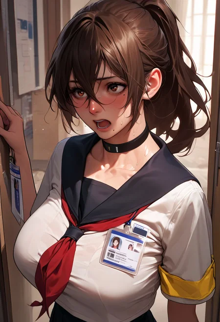 score_9, score_8_up, score_7_up, score_6_up, score_5_up, score_4_up, 
bangs, mole on breast, hair between eyes, indoors, yellow armband, choker,, short hair, open mouth, sailor collar, collarbone, brown eyes, 1girl, standing, red eyes, solo focus, id card, ponytail, black choker, arched back, brown hair, long hair, neckerchief, mole, blush, large breasts, sweat, sidelocks