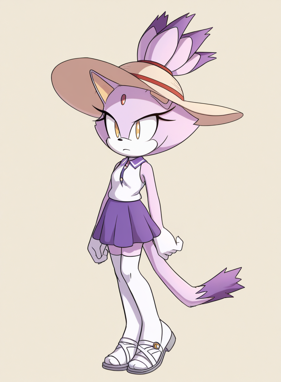 solo, <lora:krack:1> krackstyle, furry, no humans,
blaze the cat, purple fur, topknot, ponytail, cat tail, yellow eyes, resort greeter uniform, sleeveless top, skirt, white thighhighs, open-toe shoes, sun hat, extremely detailed, highres, masterpiece, best quality