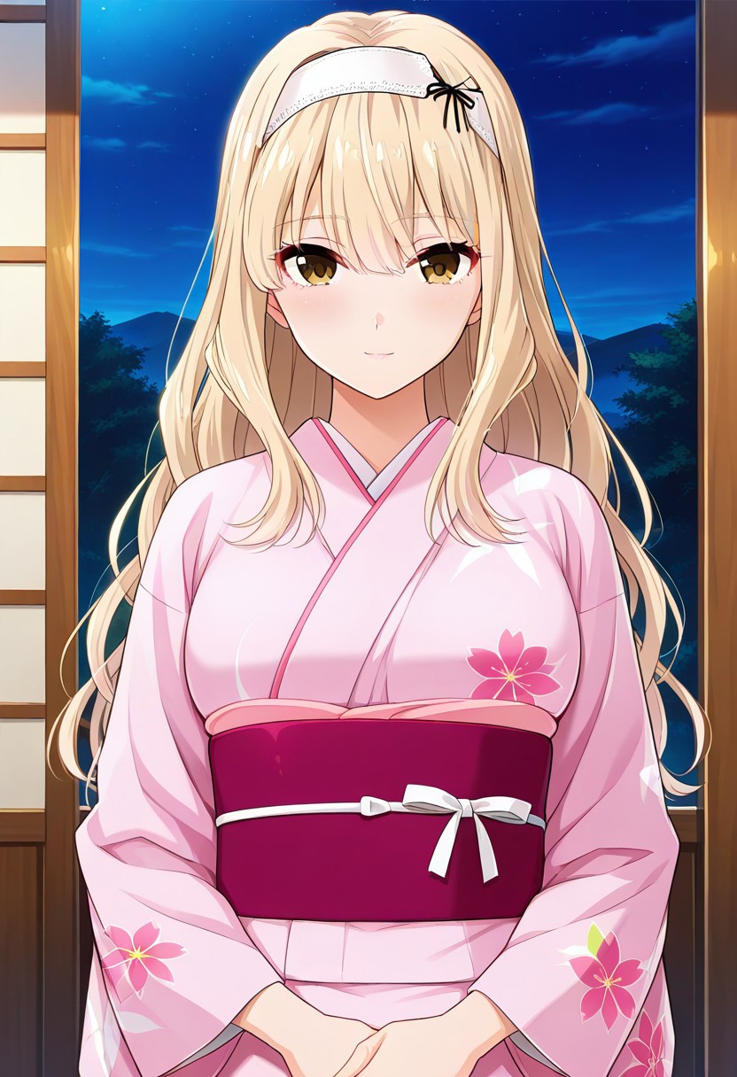 absurdres, best quality, masterpiece, amazing quality, highres, newest, detailed, source anime, anime coloring, beautiful, indoors, japan festival, night,
BREAK
1girl, solo, standing, KijHyou, brown eyes, blonde hair, long hair, white hairband, wavy hair, light smile, light blush, looking at viewer,
BREAK 
Adapted costume, kimono