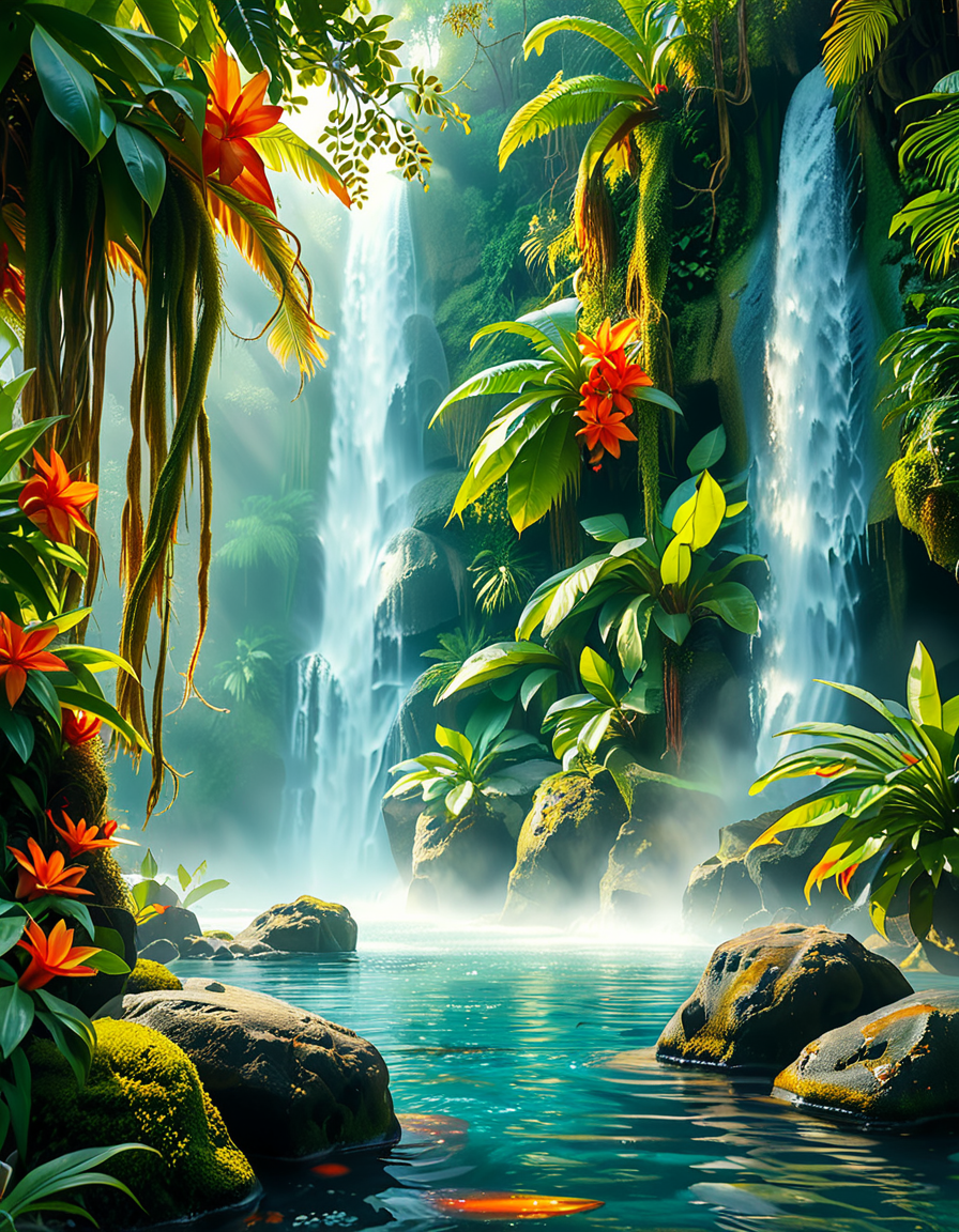 A stunning and tranquil view of a jungle waterfall cascading down smooth, moss-covered rocks into a crystal-clear pool below. The scene is surrounded by dense, lush greenery, with towering tropical trees and vibrant, oversized ferns creating a natural canopy that filters sunlight into dappled patterns on the forest floor. Brightly colored flowers in shades of red, orange, and purple add splashes of color among the greenery, while vines and roots wind their way around the rocks and trees. Mist rises from the base of the waterfall, catching the sunlight and creating a soft, ethereal glow, with a faint rainbow visible in the spray. Exotic birds with iridescent feathers can be seen perched on branches, and the faint sound of distant animal calls adds to the sense of a thriving, untouched paradise. The overall atmosphere is serene, magical, and vibrant, capturing the untamed beauty of nature.<lora:SDXLFaeTastic2400:0.4> <lora:extremely_detailed:0.4> extremely detailed, <lora:Jungle_w4t3rf4ll:1>,Jungle w4t3rf4ll, Masterpiece,best quality,hi res,8k,hi res,8k,award winning,(sharp focus, intricate, highly detailed),