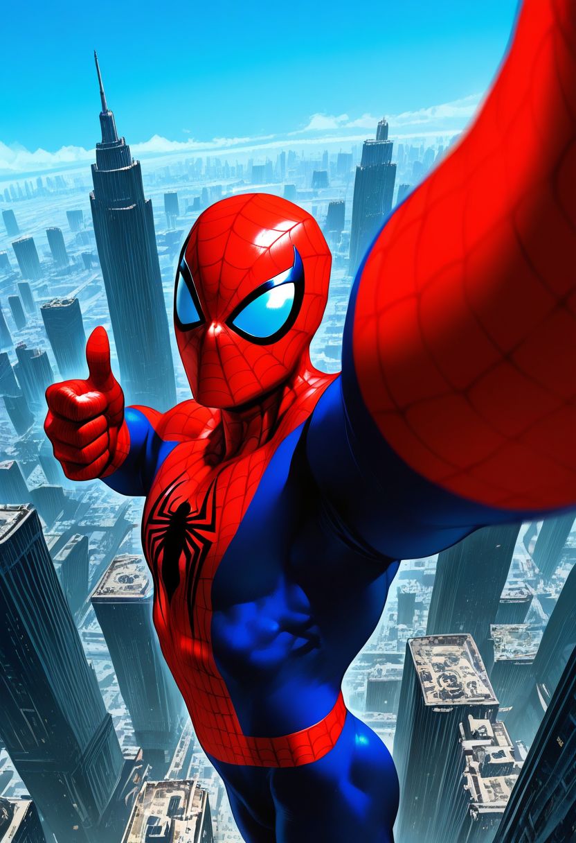 Smooth_Quality, 1boy, spider-man, red and blue bodysuit, midair, web shooter, day, blue sky, outdoors, colorful, new york city, dynamic angle, thumbs up,  looking at viewer, depth of field, dynamic composition, foreshortening, detailed background, dynamic pose, dutch angle, cowboy shot, selfie, <lora:Mature_Comics_Style_-_NoobAI:1>