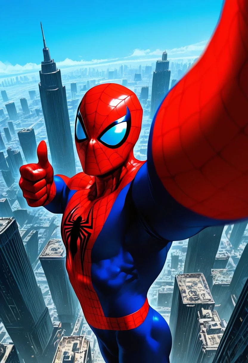 Smooth_Quality, 1boy, spider-man, red and blue bodysuit, midair, web shooter, day, blue sky, outdoors, colorful, new york city, dynamic angle, thumbs up, looking at viewer, depth of field, dynamic composition, foreshortening, detailed background, dynamic pose, dutch angle, cowboy shot, selfie, <lora:Mature_Comics_Style_-_NoobAI:1>