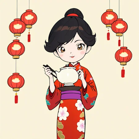 A cartoon character of a woman whose head is a traditional Chinese teacup, complete with a lid and intricate designs. She should be wearing a beautiful and colorful kimono that complements the design of the teacup. The character should be standing in a graceful pose, perhaps holding a small Chinese teapot in one hand. The background could be a blend of Chinese and Japanese cultural elements, like cherry blossoms or Chinese lanterns, to match the fusion theme. Her overall demeanor should be elegant and serene.,<lora:anpan:0.75>