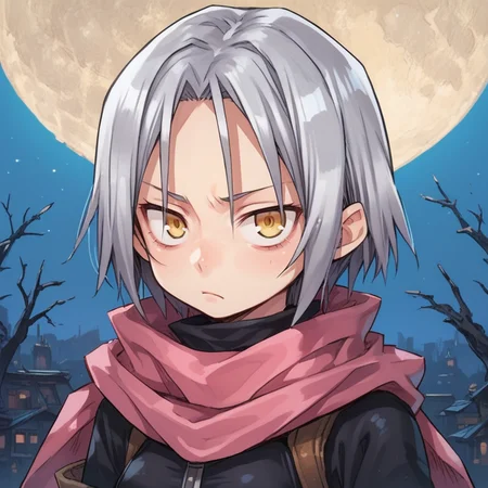 score_9, score_8_up, score_7_up, score_6_up, source_anime, BREAK, <lora:Zilva:0.70> , zildef, 1girl, short hair, grey hair, yellow eyes, scarf, pink scarf, bodysuit, bodysuit under clothes, looking at viewer, serious expression, closed mouth, clutter, (portrait), face, <lora:zy_Detailed_Backgrounds_v1:0.6> , detailed background, highly detailed, moon, night, <lora:cr33pp41ntXLP:0.6> , cr33pp41nt,
