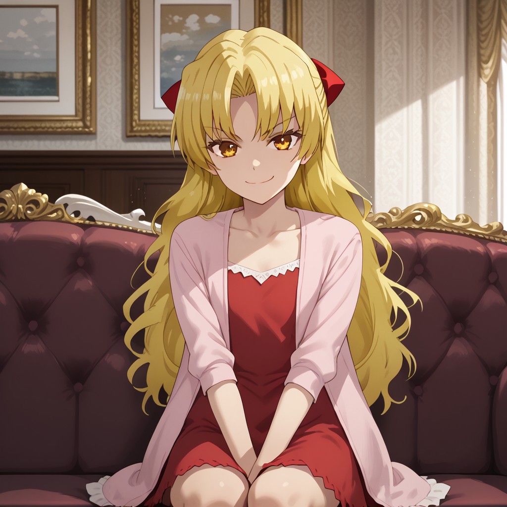 score_7_up, score_8_up, break, chitose_tk, blonde hair, long hair, hairbow, yellow eyes, dress, jacket, smirk, sitting, sofa, looking at viewer,