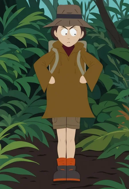 Score_9_up, score_8_up, score_7_up, 1girl, solo, msstevenssp, brown hair, hat, rain coat, backpack, shorts, boots, jungle, hands on hip, Expressiveh