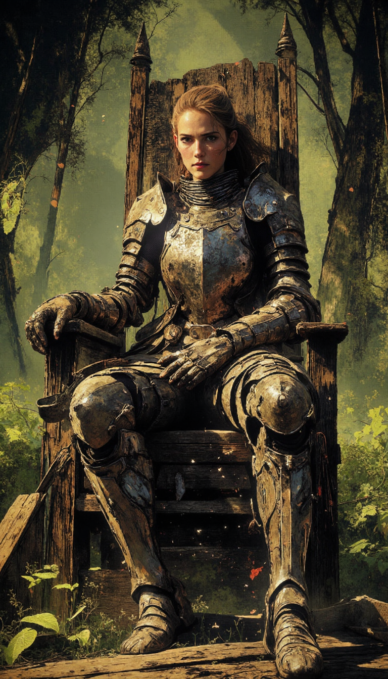 crayon,glow, A female warrior, adorned in meticulously crafted plate armor, sits upon a weathered wooden throne. The armor, exhibiting a burnished silver sheen, reflects the ambient light, highlighting the intricate details of its construction. The warrior's posture suggests a pensive mood, a momentary respite from the clangor of battle. Her gaze, distant and contemplative, hints at the weight of responsibility etched upon her countenance. The background, a verdant tapestry of nature's embrace, provides a stark contrast to the metallic austerity of the foreground, emphasizing the warrior's solitary presence. The scene is bathed in the soft, ethereal glow of natural light, casting gentle shadows that accentuate the depth and texture of the composition. A sense of profound tranquility pervades the image, inviting the viewer to contemplate the warrior's inner world.