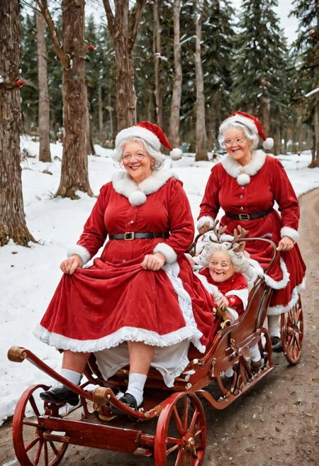 (masterpiece), best quality, mclaus, white hair, old women, red christmas dress,  riding the Sleigh which is pulled by Reindeers running ahead of sleigh, Reindeers pulling Sleigh