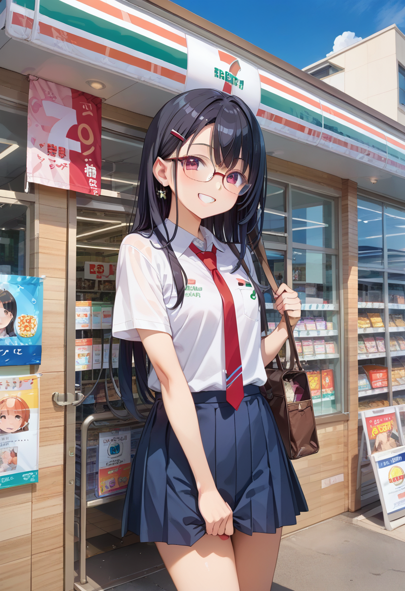 score_9, score_8_up, score_7_up, rating_safe, masterpiece, best quality, absurdres, unity 8k wallpaper, official art, official style, source_anime, uncensored, game cg, megami magazine,
1girl, solo, glasses, black hair, long hair,  collared shirt, red necktie, pleated skirt, blue skirt, looking at viewer, blush, upper body, short sleeves, smile, happy,
seveneleven, konbini, scenery, storefront, japan, shop, scenery, outdoors, convenience store, sky, plant, sign, building, storefront, day, real world location, blue sky
<lora:7eleven_storefront_PONY_V1:1>